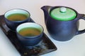 View of the Brewed and healthy Japanese green tea served in traditional hohin and shiboridashi dishes Royalty Free Stock Photo