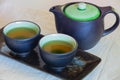 View of the Brewed and healthy Japanese green tea served in traditional hohin and shiboridashi dishes Royalty Free Stock Photo