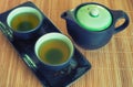 View of the Brewed and healthy Japanese green tea served in traditional hohin and shiboridashi dishes Royalty Free Stock Photo