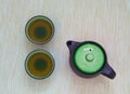 View of the Brewed and healthy Japanese green tea served in traditional hohin and shiboridashi dishes Royalty Free Stock Photo