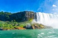 View on the Bridal Veil Falls and American Falls of the Niagara Falls, the part of Goat Island, the Cave of the Winds