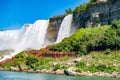 View on the Bridal Veil Falls and American Falls of the Niagara Falls, the part of Goat Island, the Cave of the Winds