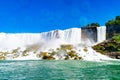 View on the Bridal Veil Falls and American Falls of the Niagara Falls, the part of Goat Island, the Cave of the Winds