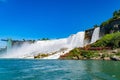 View on the Bridal Veil Falls and American Falls of the Niagara Falls, the part of Goat Island, the Cave of the Winds