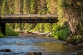 A view of a bridge across mountain river flowing through a forest at sunrise Royalty Free Stock Photo