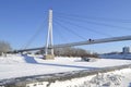 View of the bridge fallen in love in Tyumen in the winter, Russia. February 17, 2017.