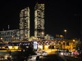 View of bridge and illuminated towers in Moscow