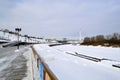 View of the bridge of lovers and the embankment in Tyumen, Russia. February 17, 2017.