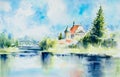 Tykocin town, Podlasie, Poland watercolors painted. Royalty Free Stock Photo