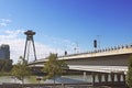 View of Bridge SNP and UFO observation deck, river Danube, Bratislava, Slovakia Royalty Free Stock Photo