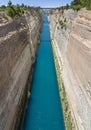 View from the bridge to the boats and yachts passing through the Corinth Canal from a sunny day on Peloponnese in Greece