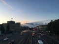 View from the bridge to the evening city