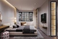 A View of a Bright and cozy bedroom, Window view, Wall units, TV with wall attached unit, dressing in the room, 3D rendering Royalty Free Stock Photo
