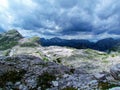 View of bright rocky alpine landscape at Prehodavci in Triglav national park Royalty Free Stock Photo