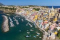 A view of the brightly coloured town of Corricella Procida, in the Bay of Naples, Italy