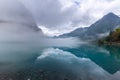 View of the Briksdalsbreen Briksdal glacier from the shores of the Oldevatnet Lake, Stryn, Vestland, Norway