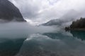 View of the Briksdalsbreen Briksdal glacier from the shores of the Oldevatnet Lake, Stryn, Vestland, Norway