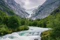 View of Briksdalsbreen glacier and Briksdalselva river (Norway) Royalty Free Stock Photo