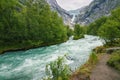 View of Briksdalsbreen glacier and Briksdalselva river (Norway) Royalty Free Stock Photo