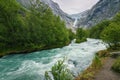 View of Briksdalsbreen glacier and Briksdalselva river (Norway) Royalty Free Stock Photo