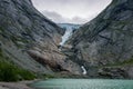 View of Briksdalsbreen glacier and Briksdalselva river (Norway) Royalty Free Stock Photo