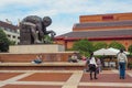 View of the British Library building, its concourse with the Isaac Newton sculpture by Eduardo Paolozzi and visitors. Royalty Free Stock Photo