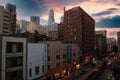 View of Broadway Street in downtown Los Angeles at dusk