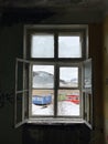 View from the window of abandoned school. Teriberka, Russia. Royalty Free Stock Photo