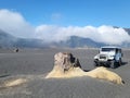 View of Bromo at the whispering sand location with cold clouds that begin to fall