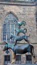 View of bronze statue of the Town Musicians of Bremen in old city centre, beautiful monument, Bremen, Germany