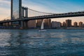 View of the Brooklyn bridge during a dusk from East river. Royalty Free Stock Photo