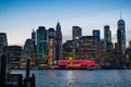 View of the Brooklyn bridge during a dusk from East river. Royalty Free Stock Photo