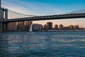 View of the Brooklyn bridge during a dusk from East river. Royalty Free Stock Photo