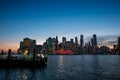 View of the Brooklyn bridge during a dusk from East river. Royalty Free Stock Photo