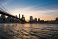 View of the Brooklyn bridge during a dusk from East river. Royalty Free Stock Photo