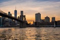 View of the Brooklyn bridge during a dusk from East river. Royalty Free Stock Photo