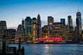 View of the Brooklyn bridge during a dusk from East river. Royalty Free Stock Photo