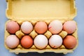 View of brown chicken eggs in an open egg carton. Fresh chicken eggs background. Eggs in box