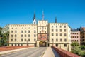 View at the Brucktor Gate from Red bridge over Inn river in Wasserburg am Inn, Germany