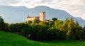 View of Bruneck Castle, situated on the hill over old town, in Val Pusteria, Italy