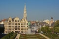 View on Brussels from,`Mont des arts` park with historical houses and the spire of the city hall