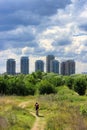 View of Bucharest from Vacaresti delta on cloudy day