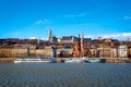 View of the Buda from Pest. The Fisherman`s Bastion, the Matthias Church and Protestant church. Budapest, Hungary Royalty Free Stock Photo