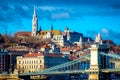 View of Budapest cityscape with Chain Bridge, Matthias Church and Fisherman Bastion. Hungary Royalty Free Stock Photo