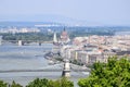 View on Budapest from Gellert Hill, Hungary. Ancient houses with tiled roofs, majestic palaces and basilicas against a cloudy