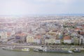 View on Budapest from Gellert Hill, Hungary. Ancient houses with tiled roofs, majestic palaces and basilicas against a cloudy