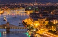 View of Budapest at night, Hungary. Parliament building, bridges and the Danube River. Royalty Free Stock Photo
