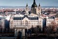 View of the Budapest skyline with St. Stephens Basilica Szent IstvÃÂ±n Bazilika and Gresham Palace. Hungary