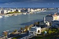 View of Budapest with two bridges under thundery sky