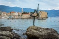 View of Budva, Montenegro towards the old town Stari Grad from the rocky headland